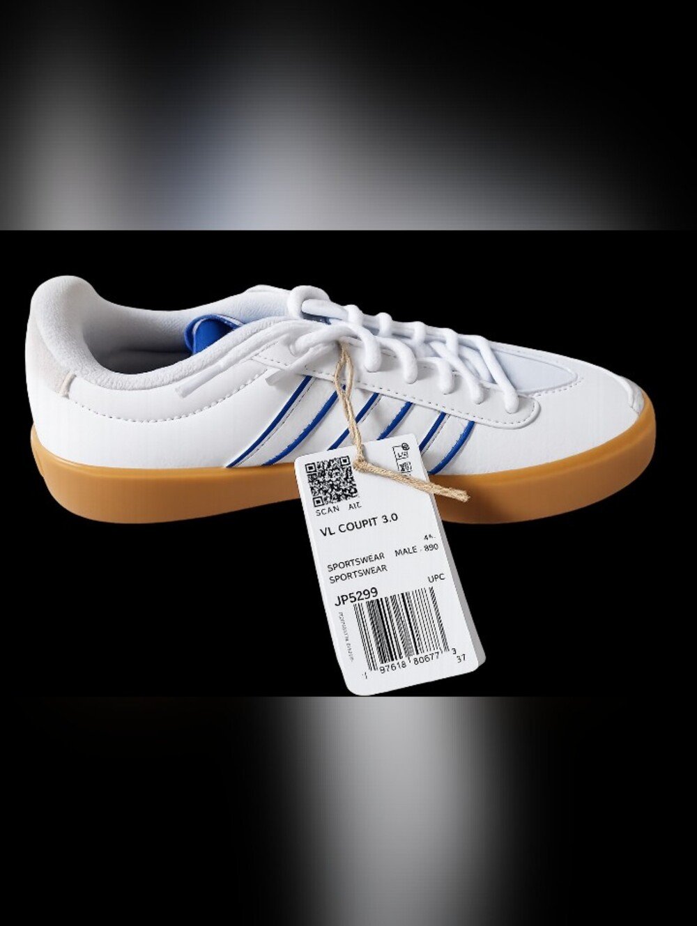 adidas VL Court 3.0 White Sneakers with Blue Stripes and Gum Sole
